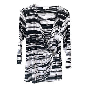 CALVIN KLEIN Women Size Large Black White Pullover V-Neck Stretch Faux Wrap Top